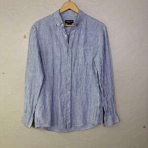 Claiborne Linen Shirt Mens Medium Blue White Striped Slim Fit Button Down Preppy